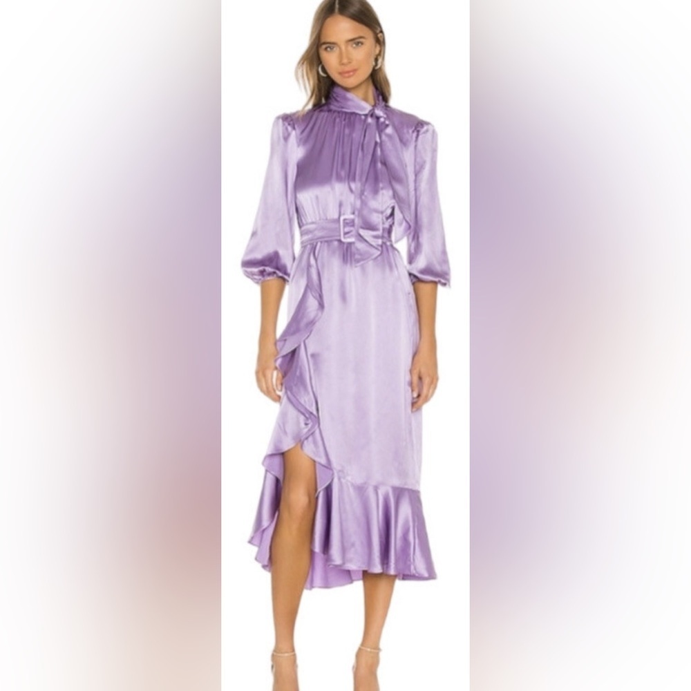 Cinq a Sept Bella Silk Lavender High Neck Tie Ruffle Dress